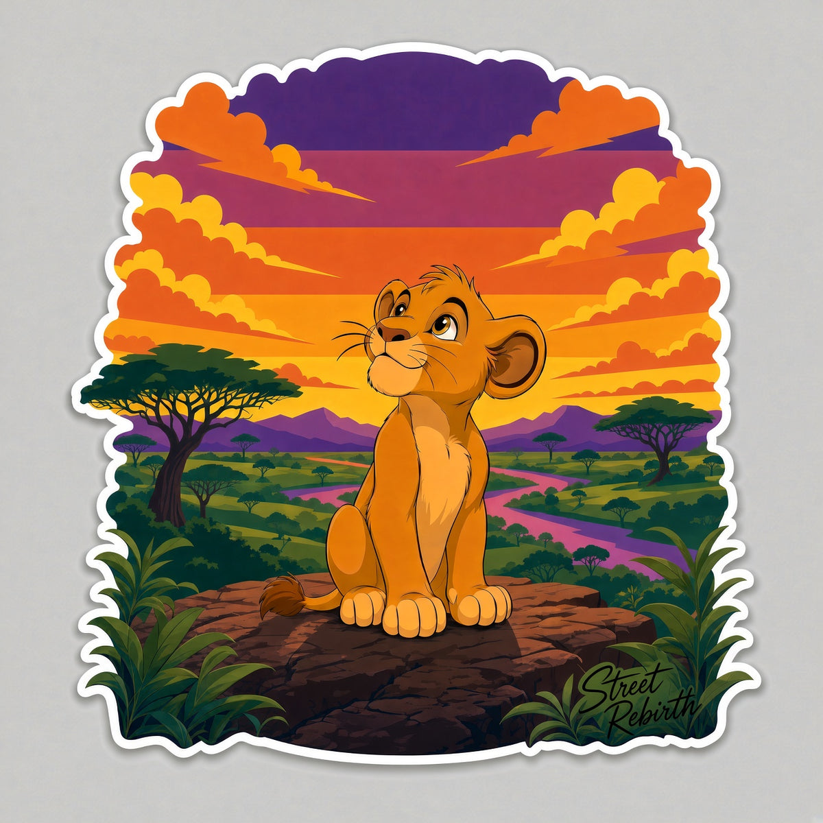 Golden lion cub sitting on a rock above a colorful savanna sunset matte vinyl sticker