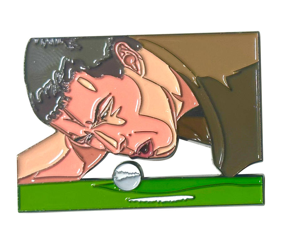 Collectible enamel lapel pin featuring an original humorous retro design