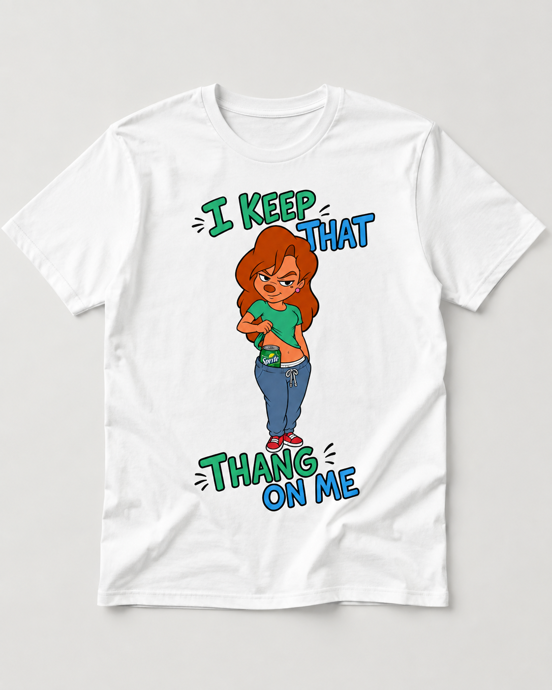 White graphic T-shirt with confident cartoon woman revealing a green and blue soda can