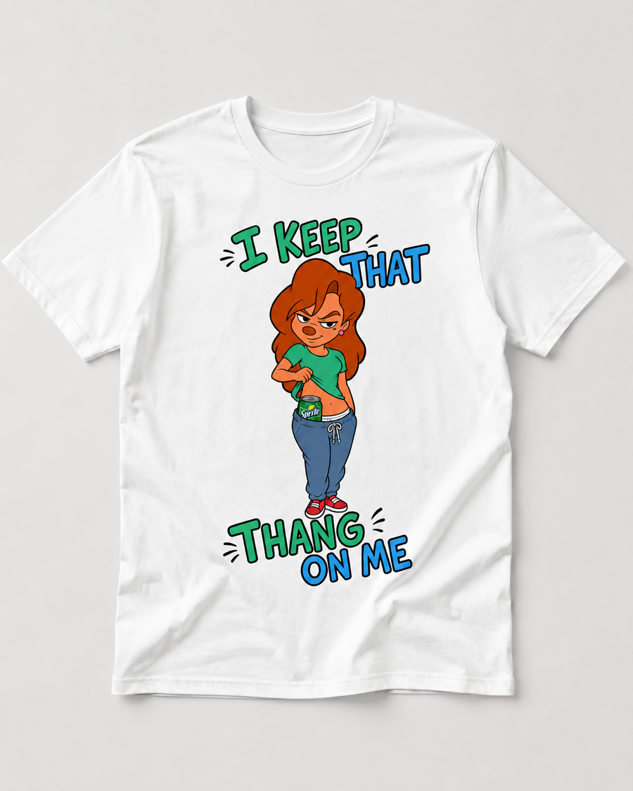 White graphic T-shirt with confident cartoon woman revealing a green and blue soda can