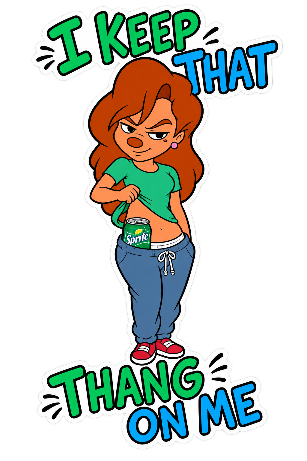Four-inch vinyl sticker of confident cartoon woman revealing a green and blue soda can