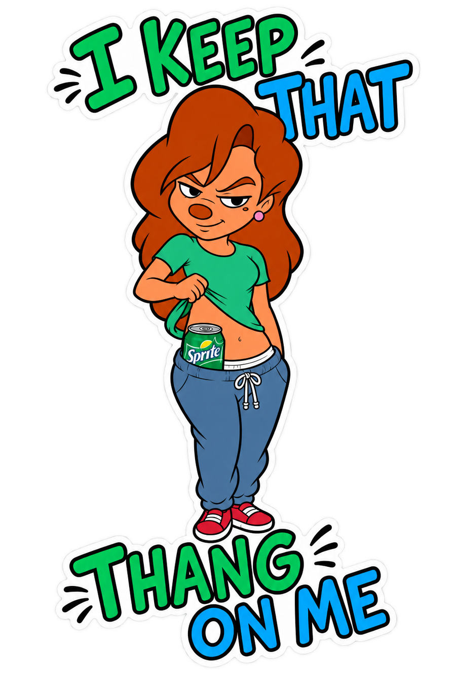Four-inch vinyl sticker of confident cartoon woman revealing a green and blue soda can
