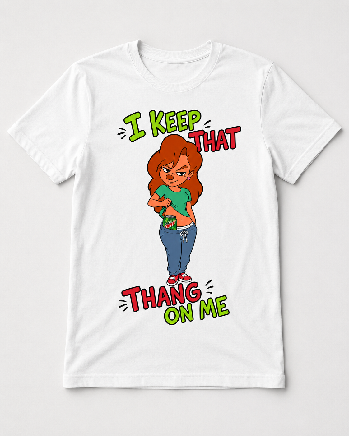 White graphic T-shirt with confident cartoon woman revealing a neon green citrus soda can