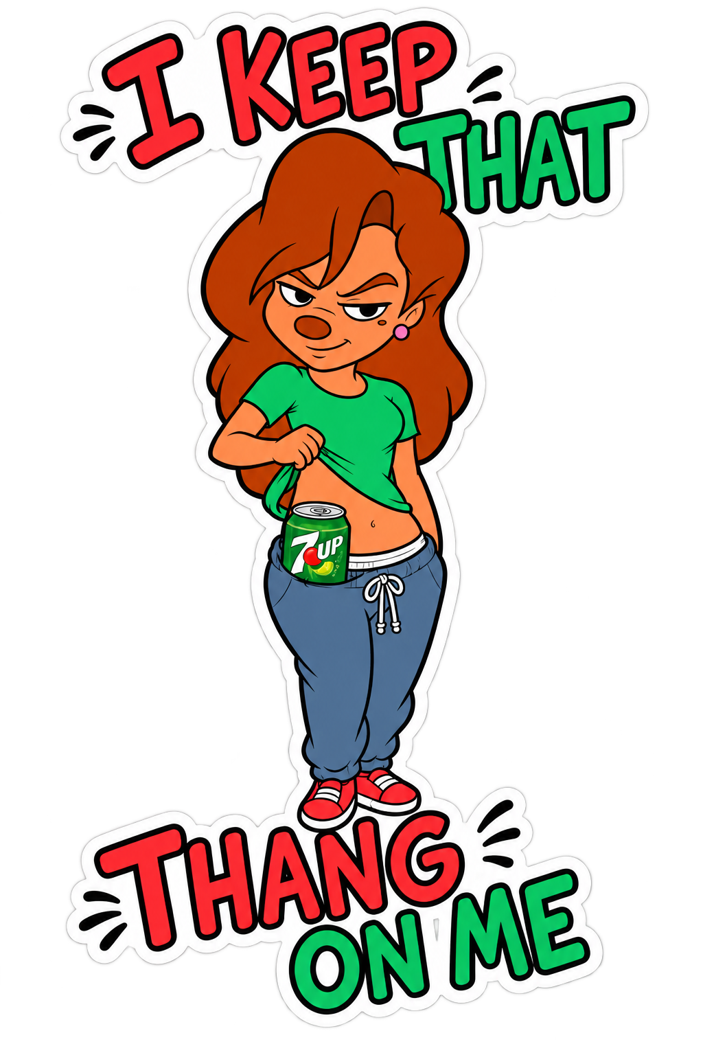 Four-inch vinyl sticker of confident cartoon woman revealing a neon green citrus soda can