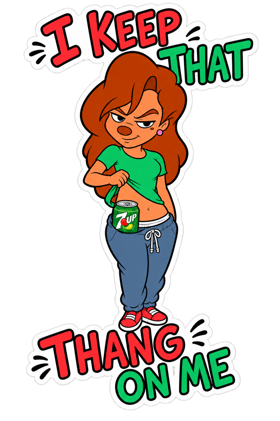 Four-inch vinyl sticker of confident cartoon woman revealing a neon green citrus soda can