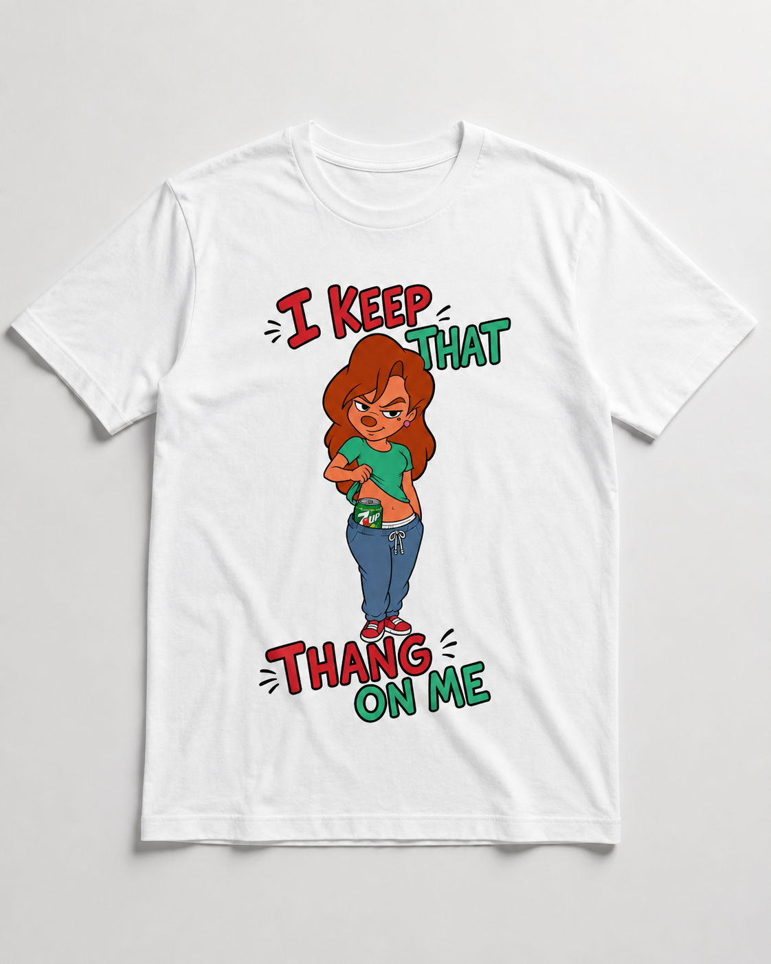 White graphic T-shirt with confident cartoon woman revealing a crisp green soda can