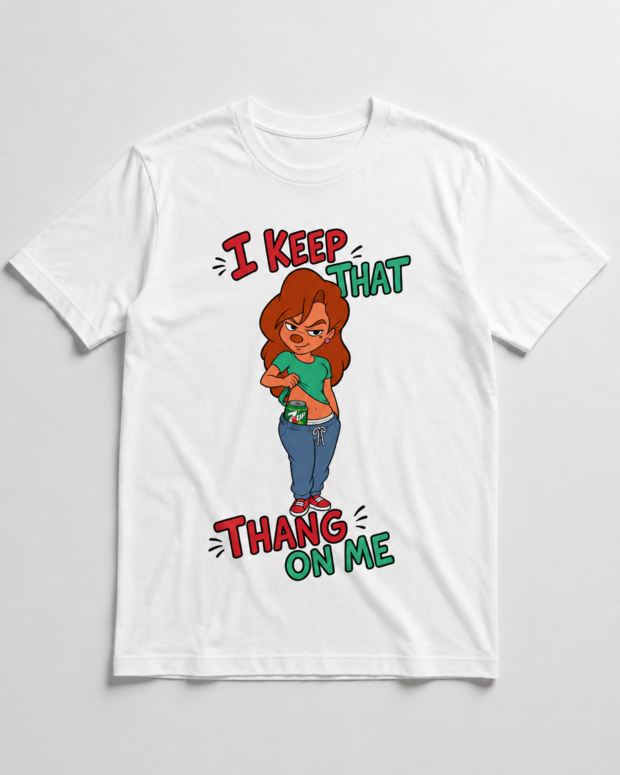 White graphic T-shirt with confident cartoon woman revealing a crisp green soda can