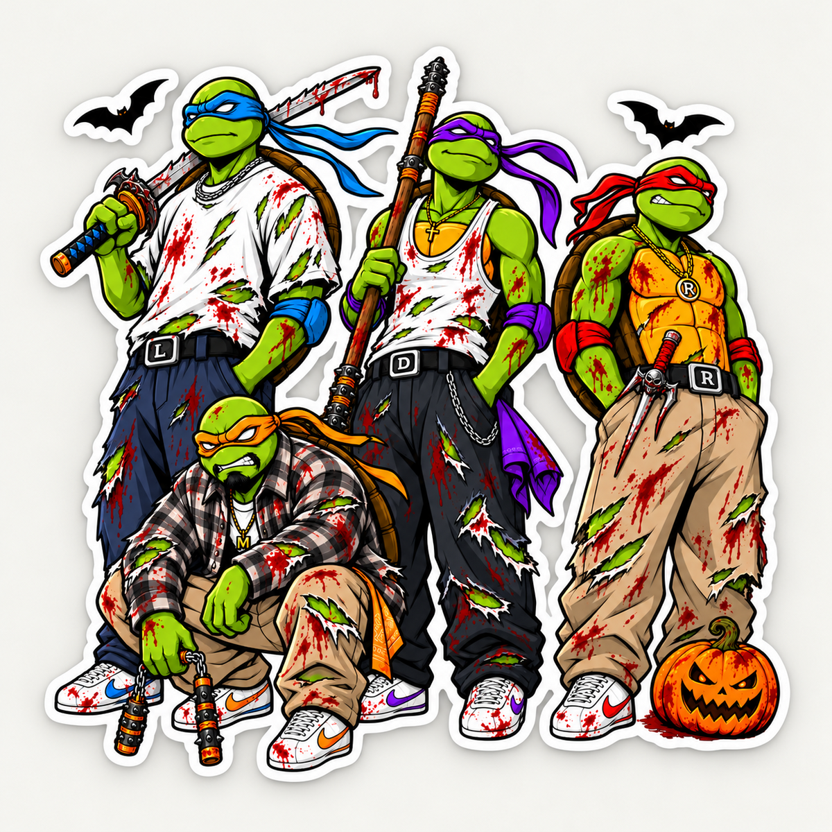 Die-cut sticker of four masked green turtles in ripped streetwear with red splatter, bats and a jack-o-lantern.