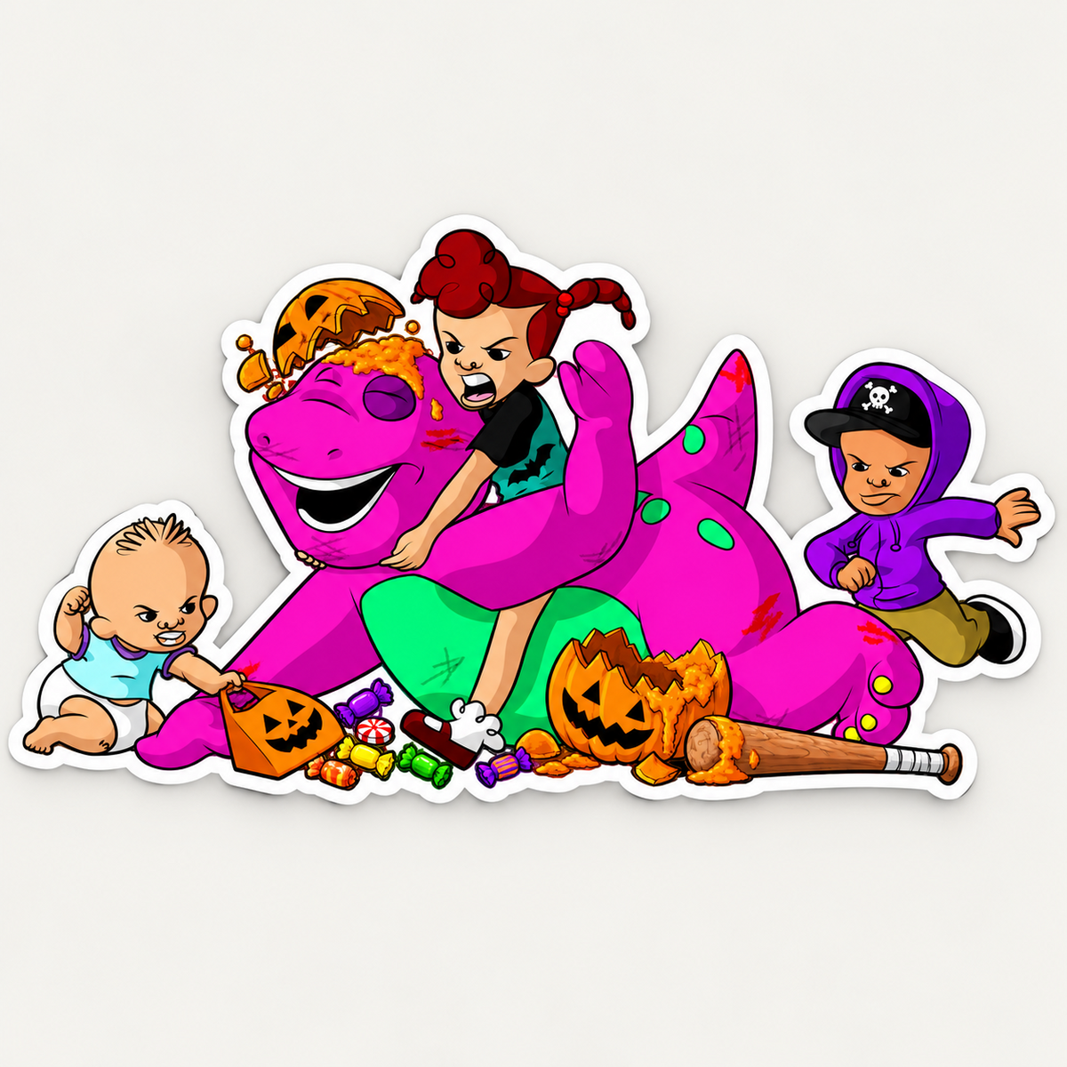 Die-cut sticker showing three mischievous cartoon kids robbing a purple dinosaur of candy beside smashed pumpkins and a wooden bat.