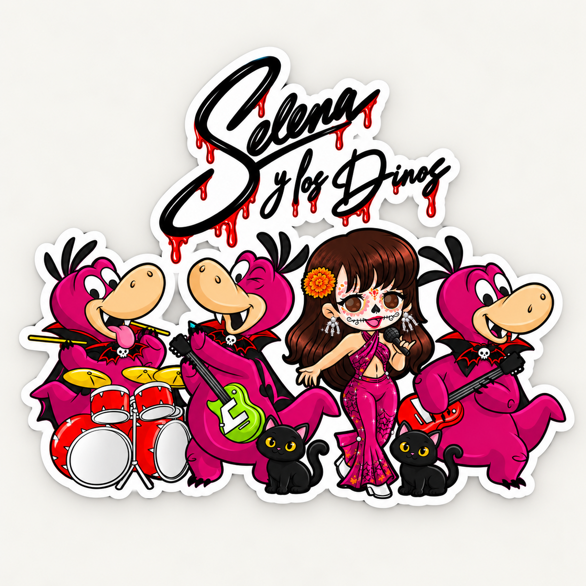 Die-cut sticker of a singer with sugar-skull makeup, three pink vampire dinosaur musicians, two black cats and dripping script.