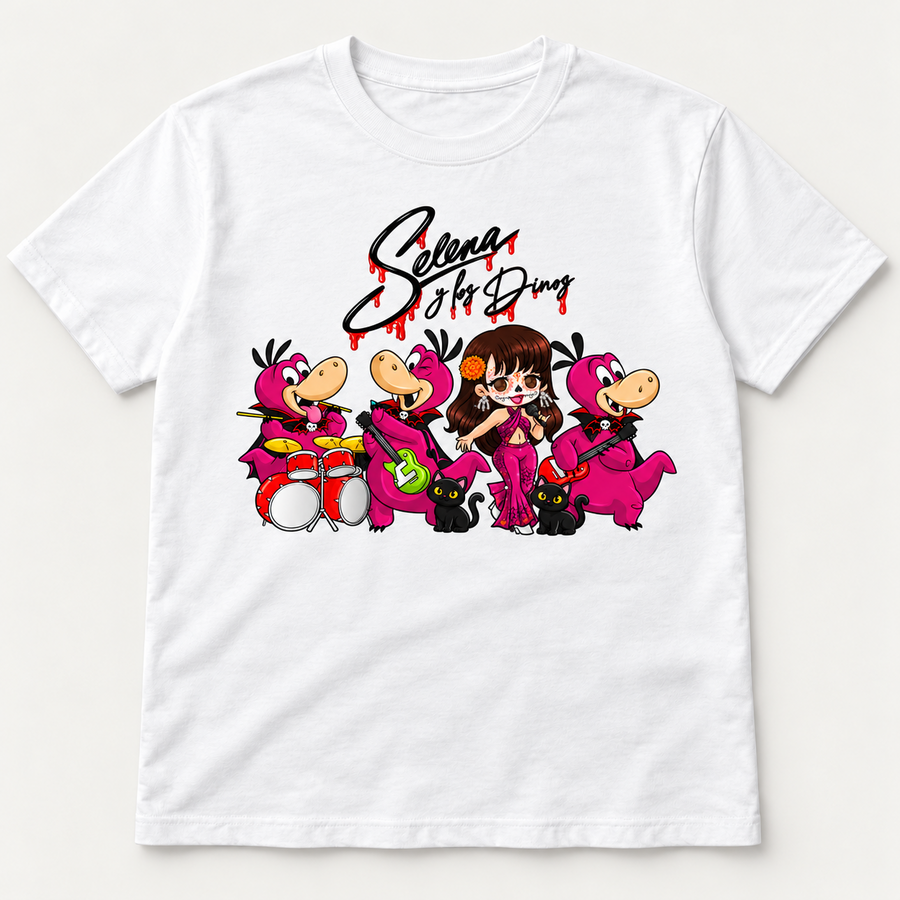 White graphic T-shirt with a singer in sugar-skull makeup, three pink vampire dinosaur musicians, two black cats and dripping script.