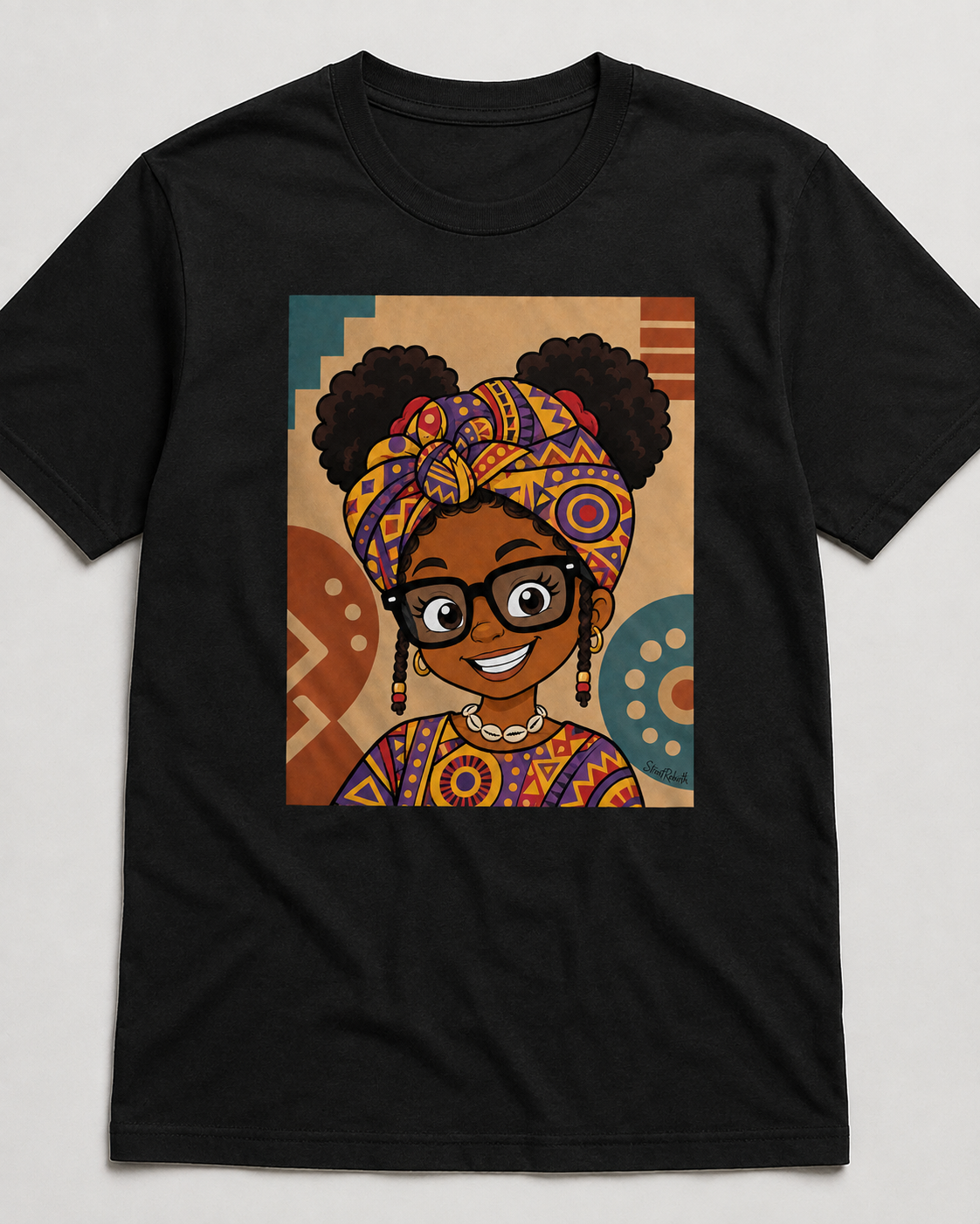 Heritage headwrap afro puff Black girl portrait graphic on black t-shirt