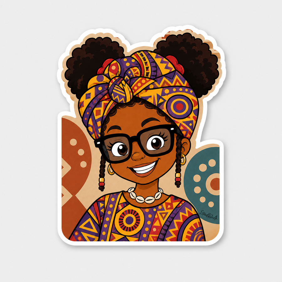 Heritage headwrap afro puff Black girl portrait 4-inch matte vinyl sticker