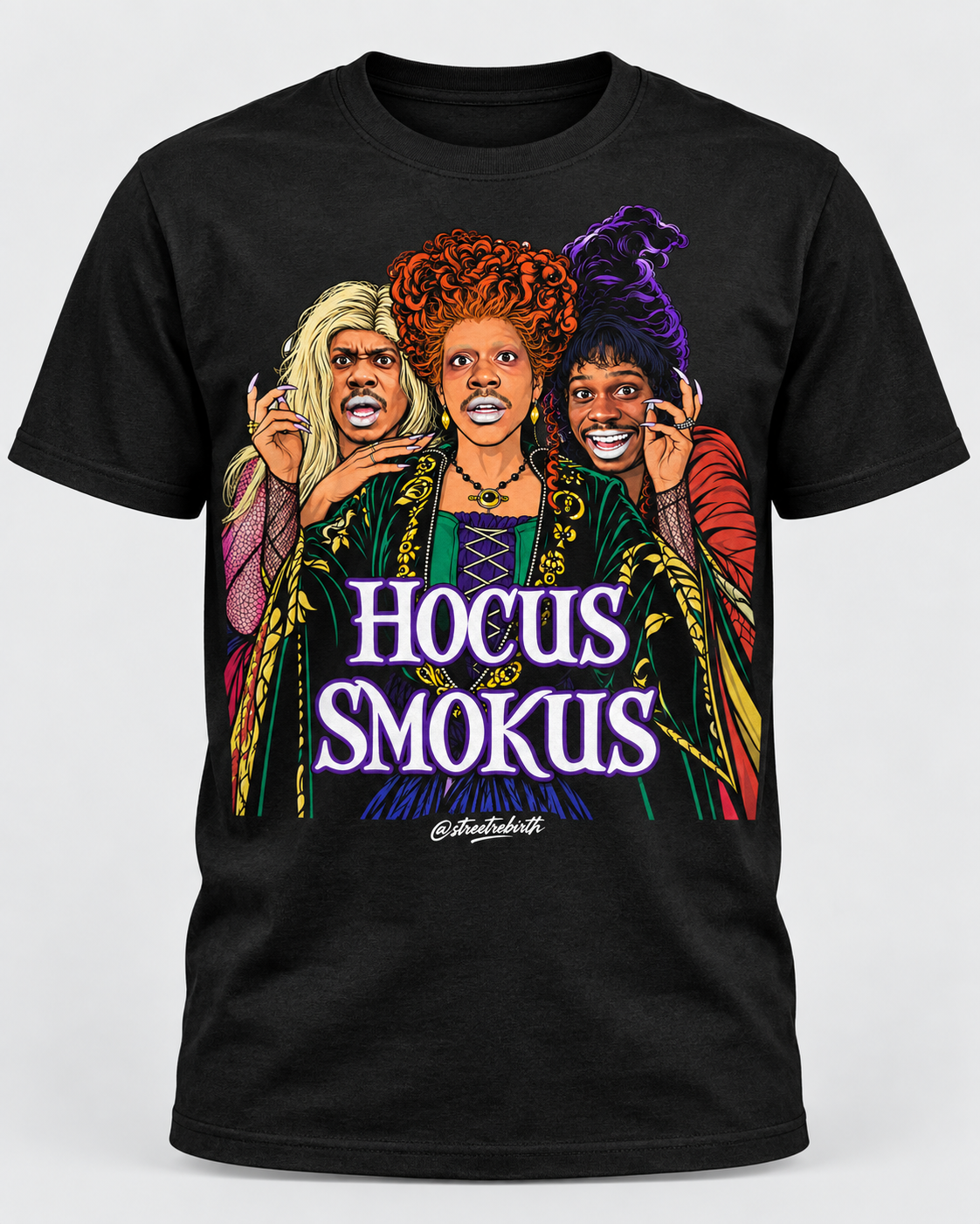 Witchy comedy trio graphic printed on a black T-shirt