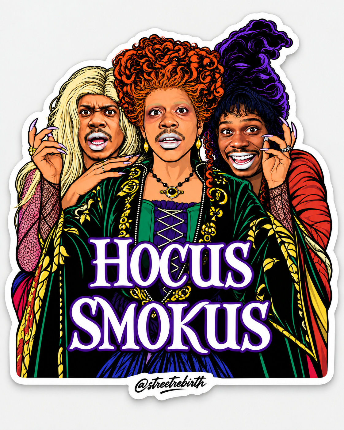 Witchy comedy trio die-cut matte vinyl sticker artwork