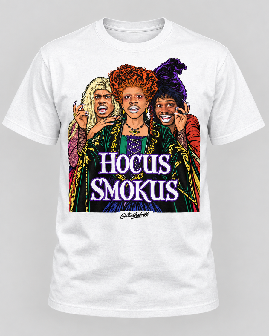 Witchy comedy trio graphic printed on a white T-shirt