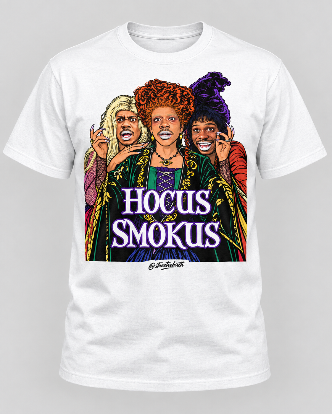 Witchy comedy trio graphic printed on a white T-shirt