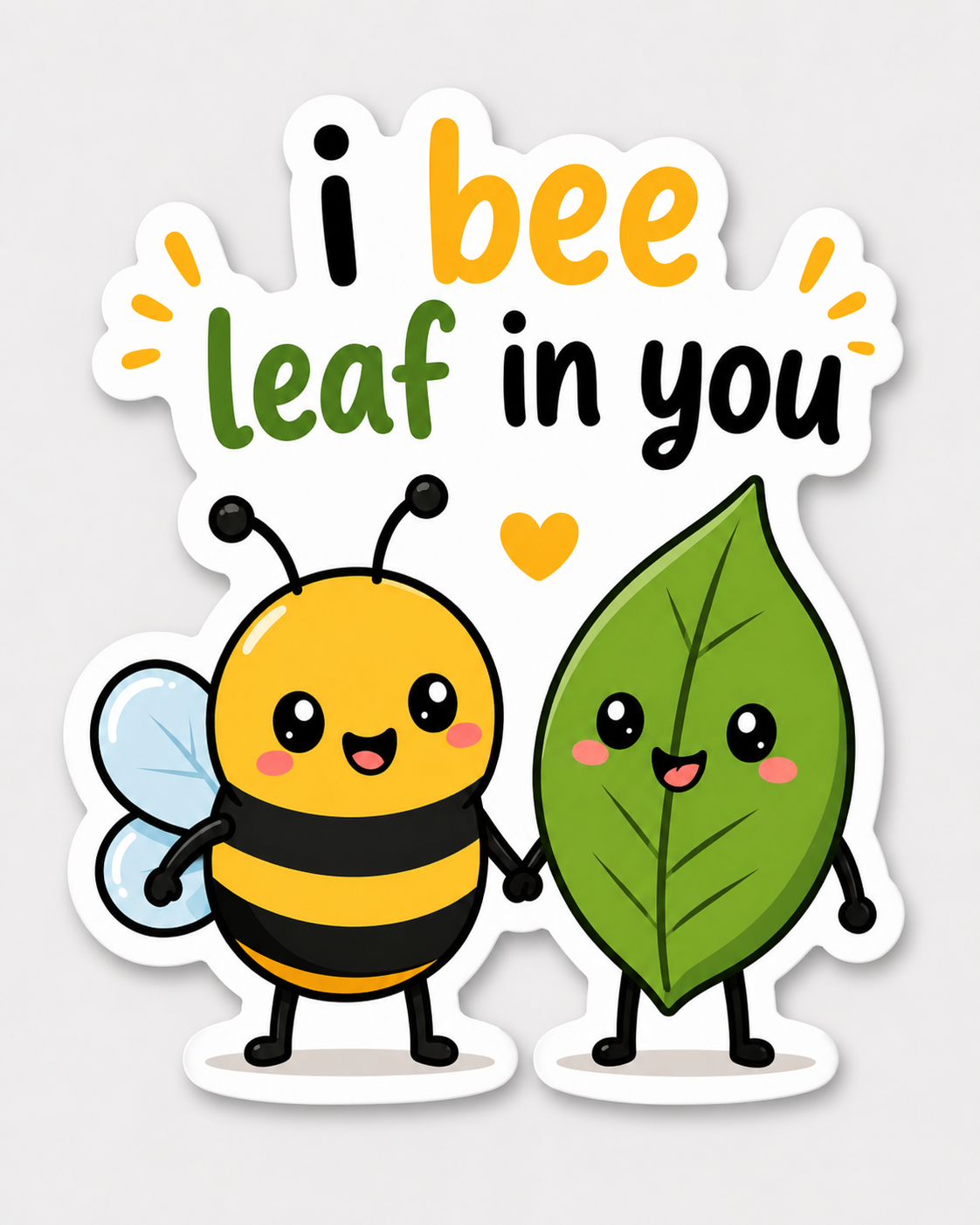 Cute bee and leaf love pun matte vinyl sticker with I Bee Leaf In You text