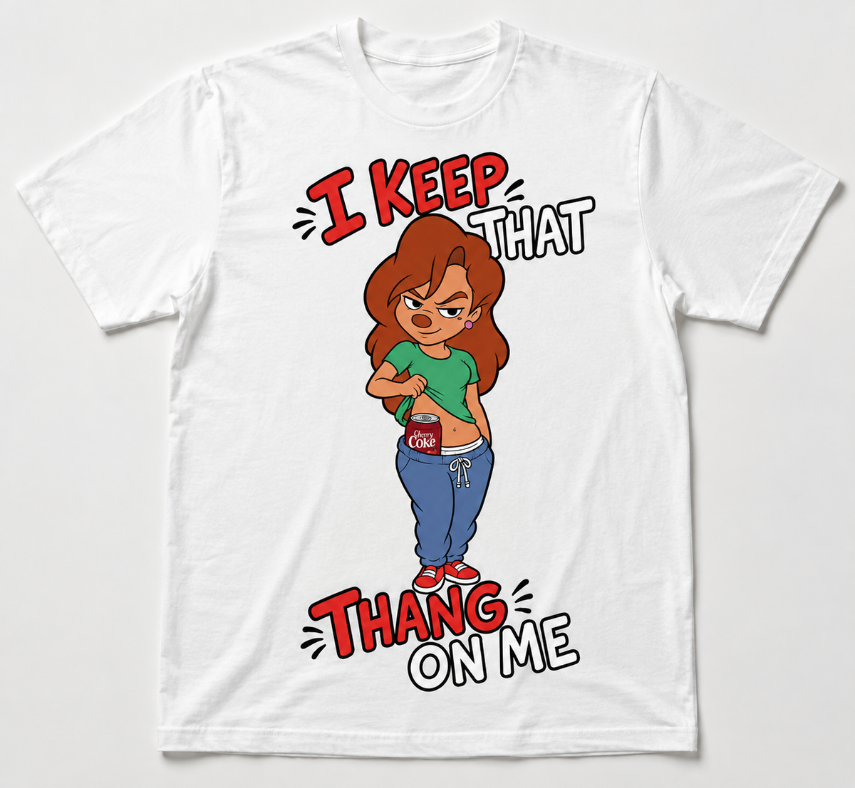 White graphic T-shirt with red-haired cartoon woman revealing a red cherry soda can