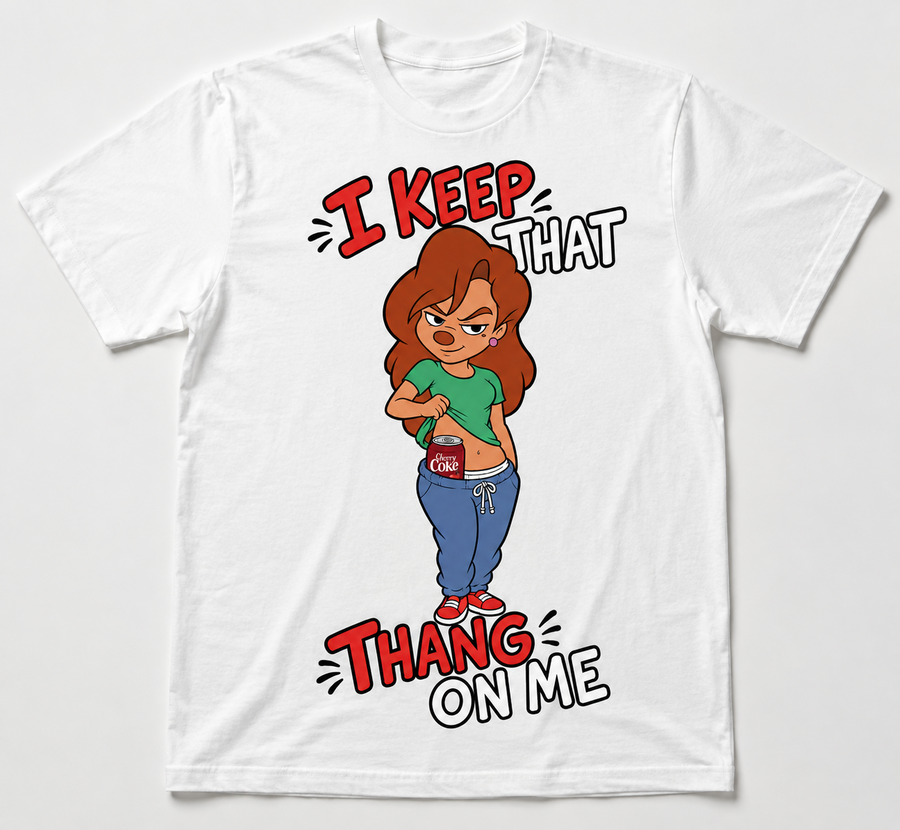 White graphic T-shirt with red-haired cartoon woman revealing a red cherry soda can