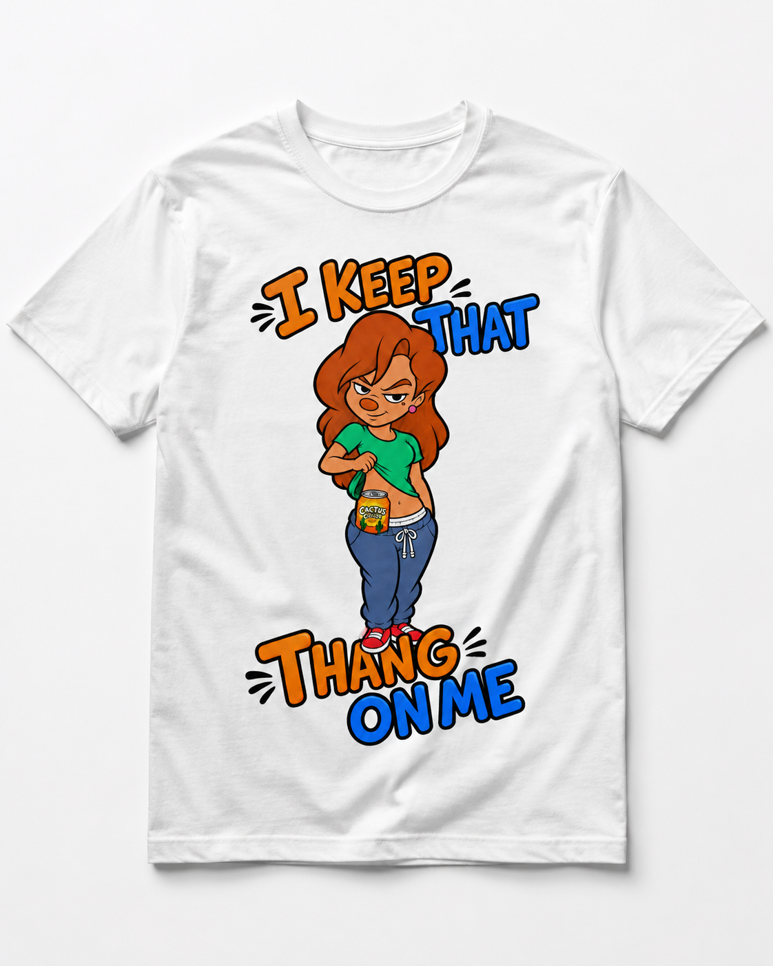 White graphic T-shirt with red-haired cartoon woman revealing an orange citrus soda can
