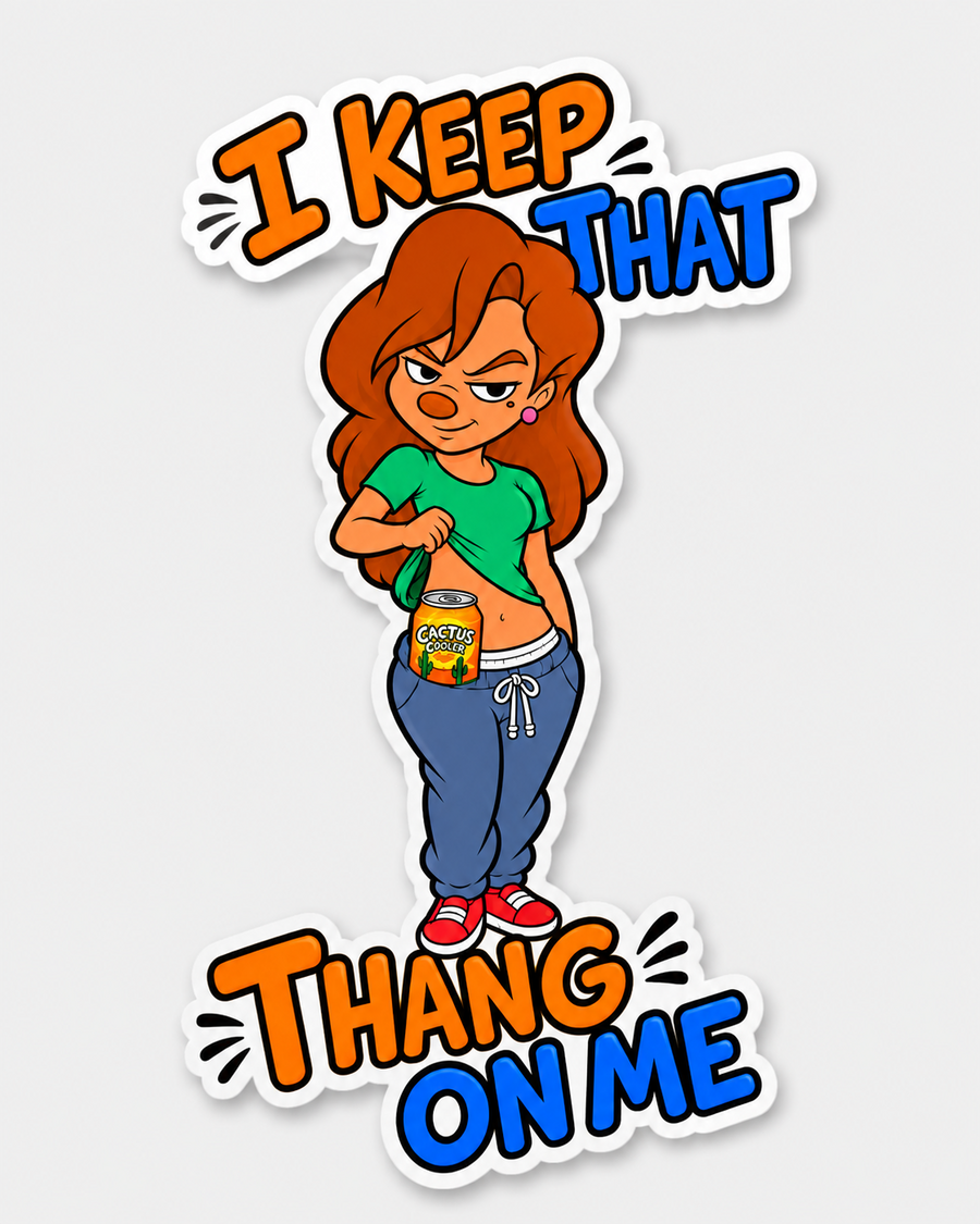 Funny cartoon sticker with red-haired woman revealing an orange citrus soda can