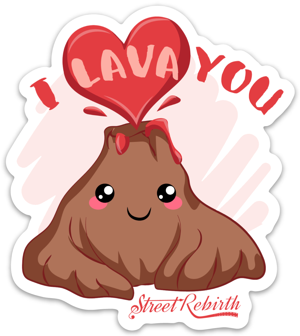 Cute volcano love pun sticker with heart-shaped lava artwork