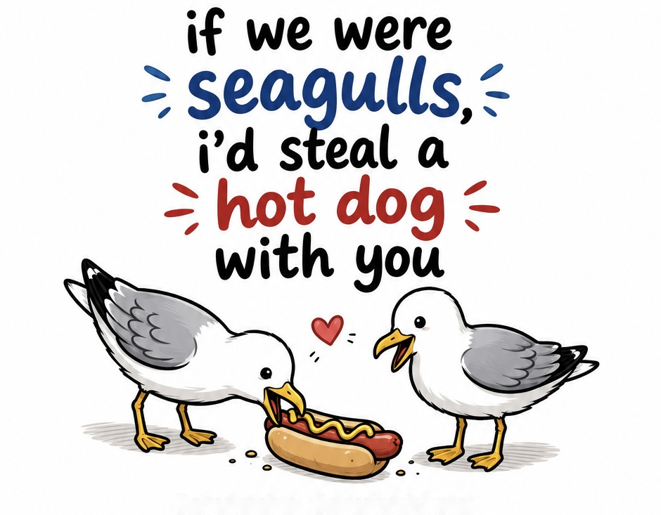If We Were Seagulls funny bird and hot dog love pun artwork
