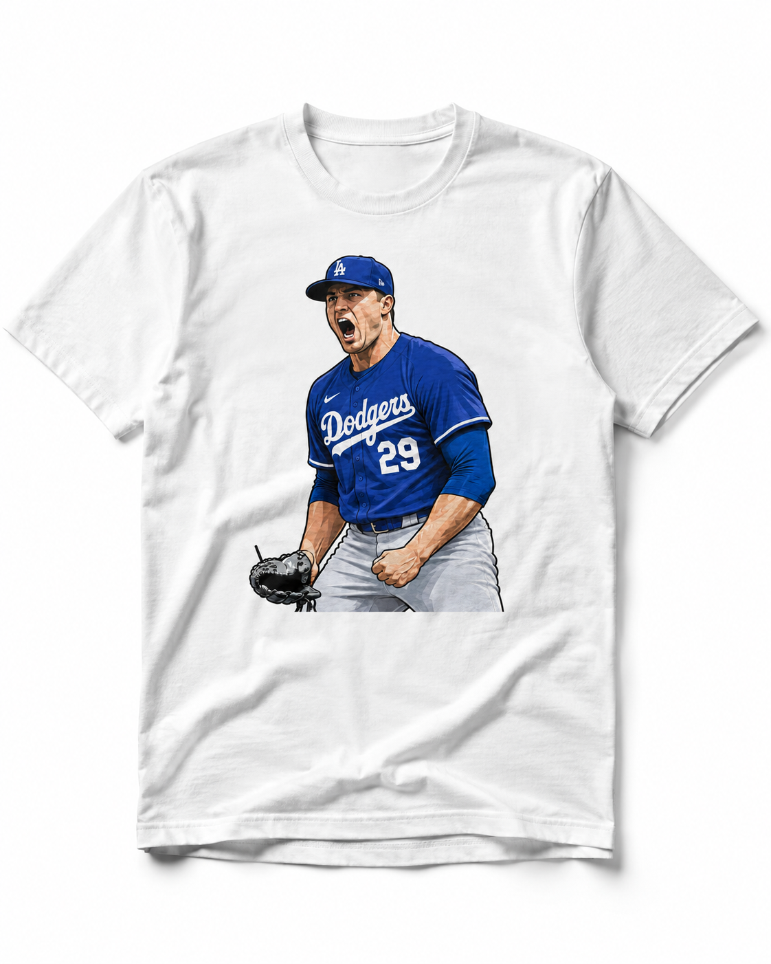 White graphic T shirt featuring Skubal celebrating in a blue Los Angeles baseball number 29 uniform.