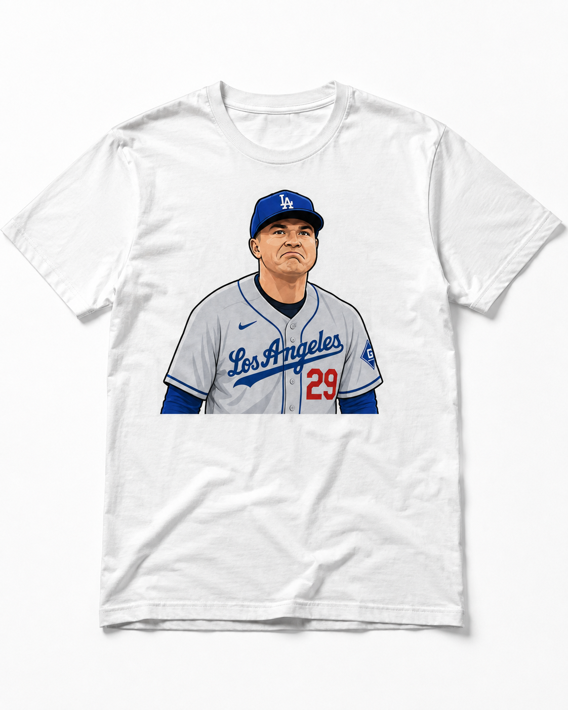 White graphic T shirt featuring Skubal in a gray Los Angeles baseball number 29 uniform with a confident expression.