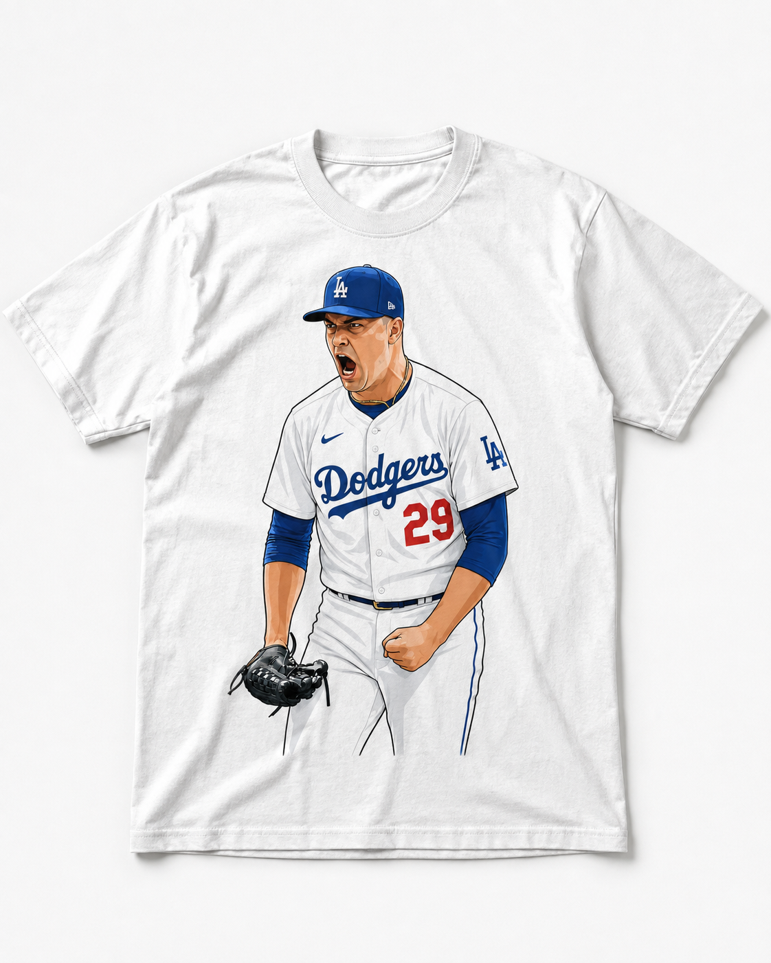 White graphic T shirt featuring Skubal roaring in a white Los Angeles baseball number 29 uniform.