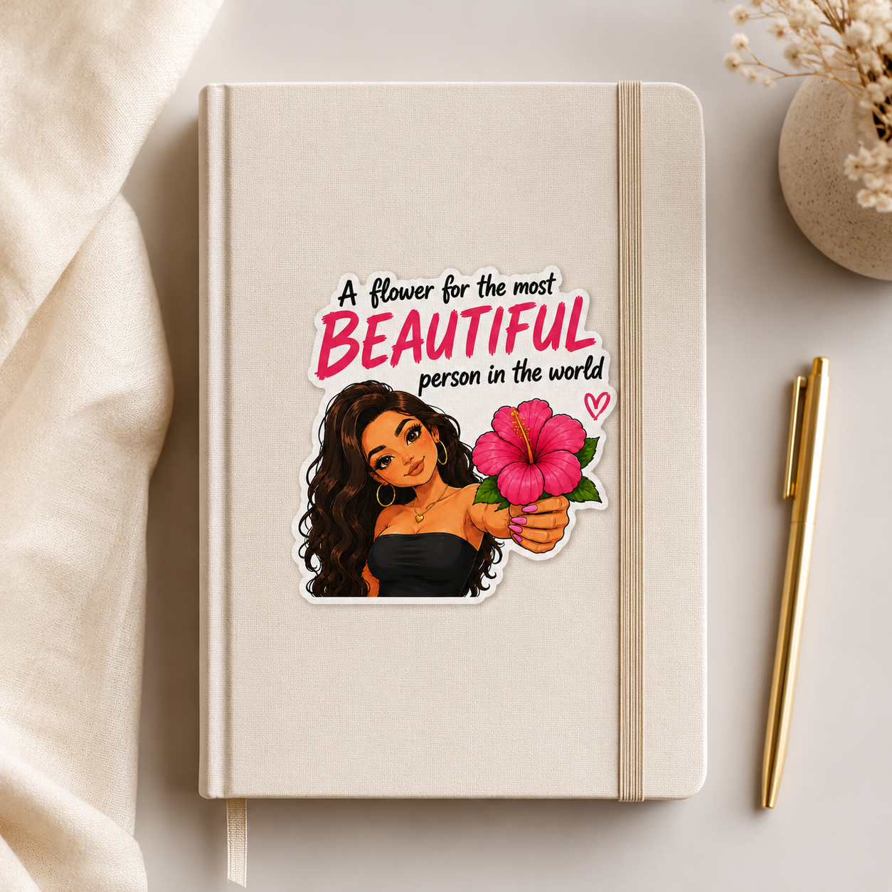 Latina flower gift sticker on beige notebook beautiful person quote