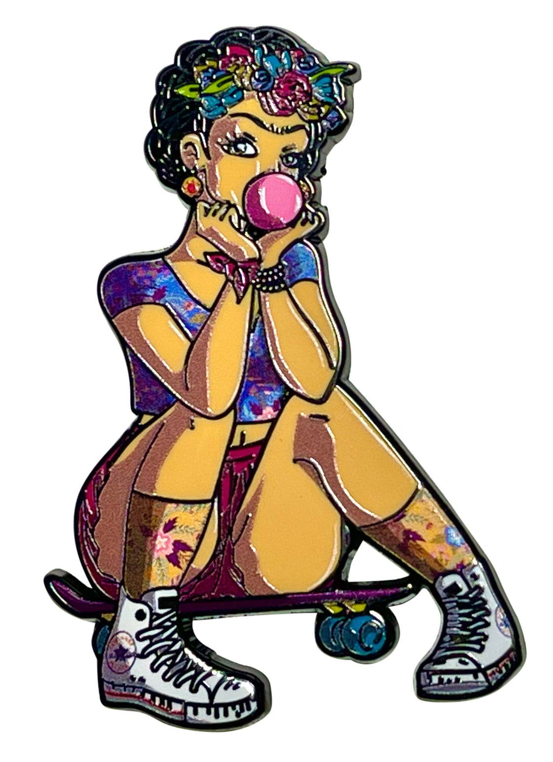 Skater Frida Enamel Pin – 2 Inch Hard Enamel • Bubblegum Skateboard Frida • Art-Inspired Streetwear Pin • Collector’s Edition