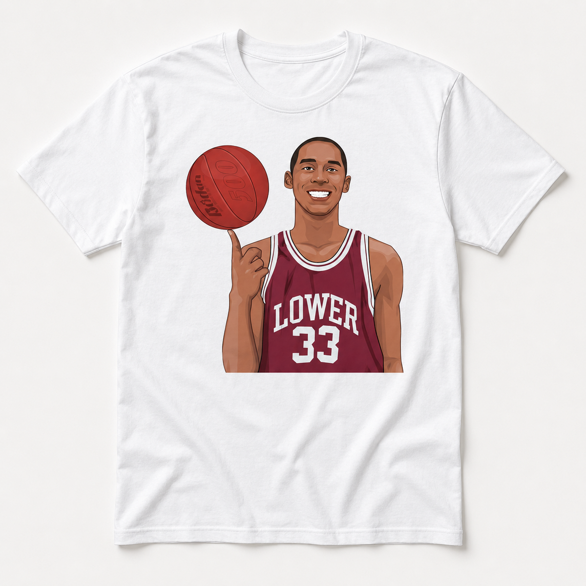 White graphic T-shirt with smiling Lower 33 basketball player spinning a red ball