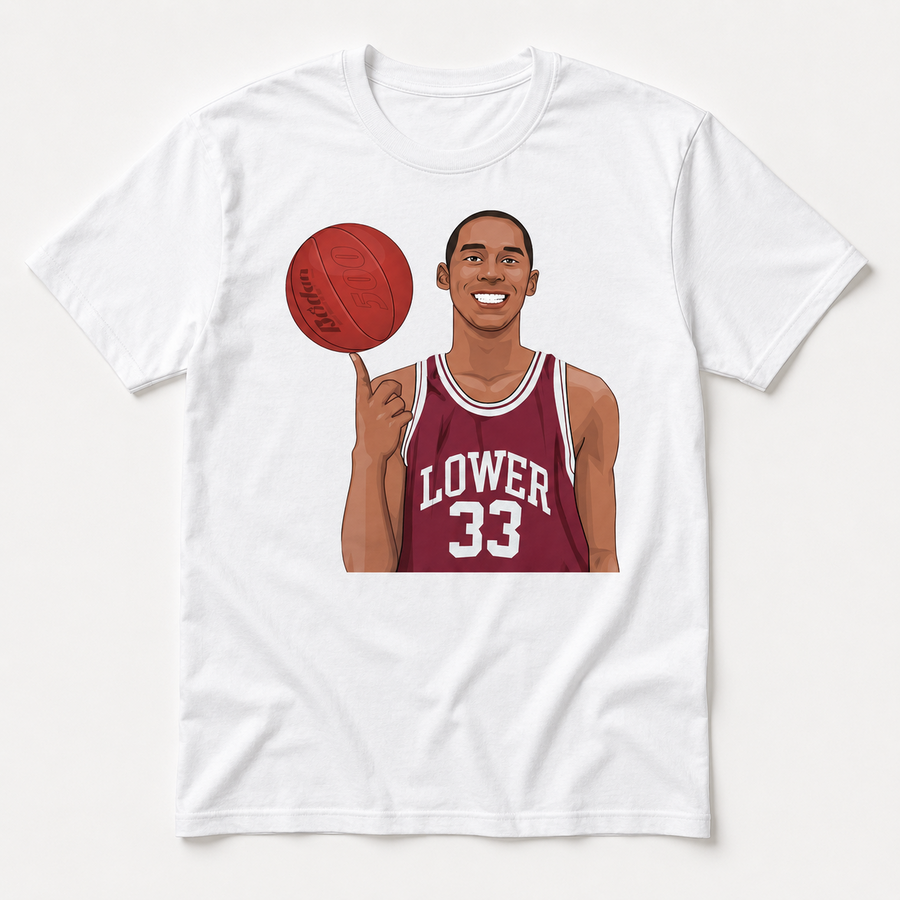 White graphic T-shirt with smiling Lower 33 basketball player spinning a red ball