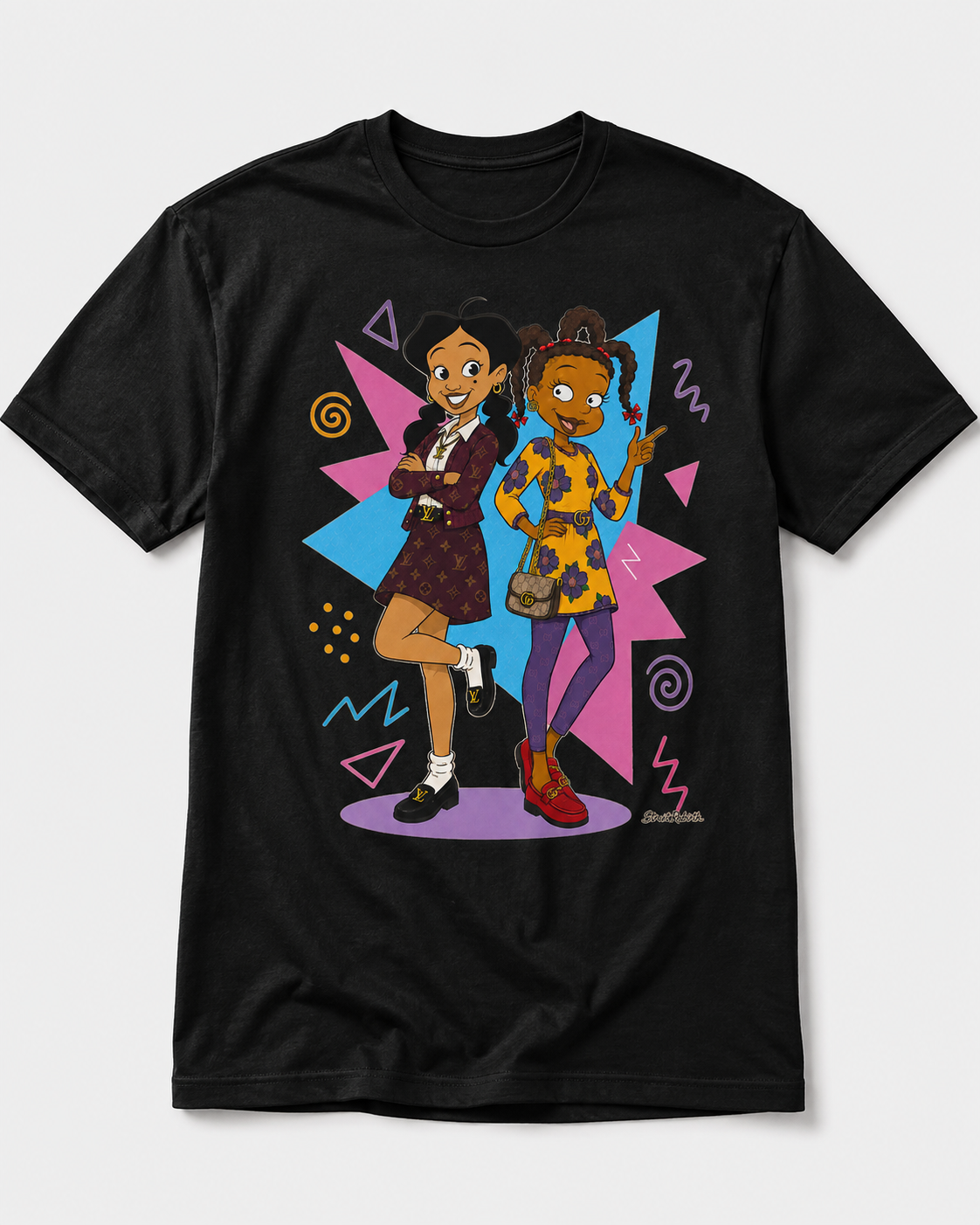 Luxury street style cartoon duo graphic on black t-shirt