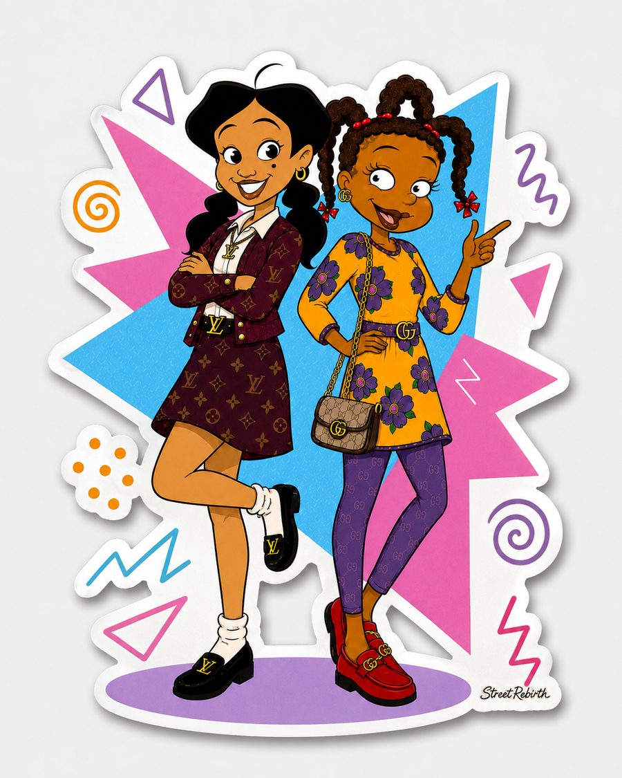 Luxury street style cartoon duo die-cut sticker mockup
