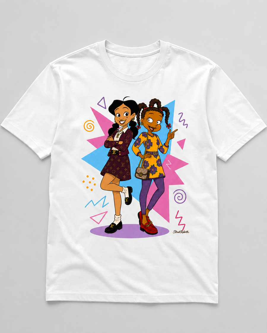 Luxury street style cartoon duo graphic on white t-shirt