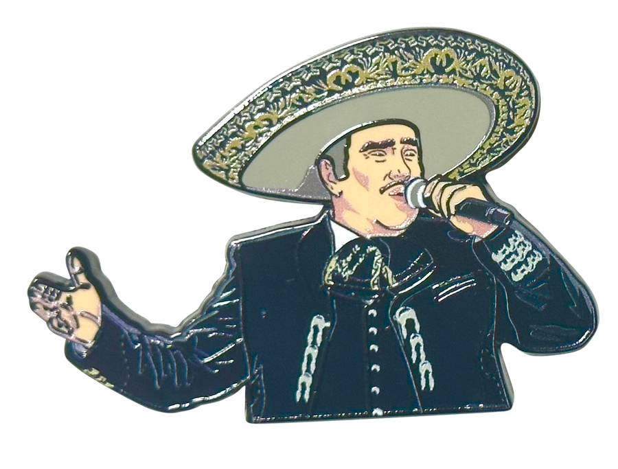 Collectible enamel lapel pin featuring an original Latin music music retro design