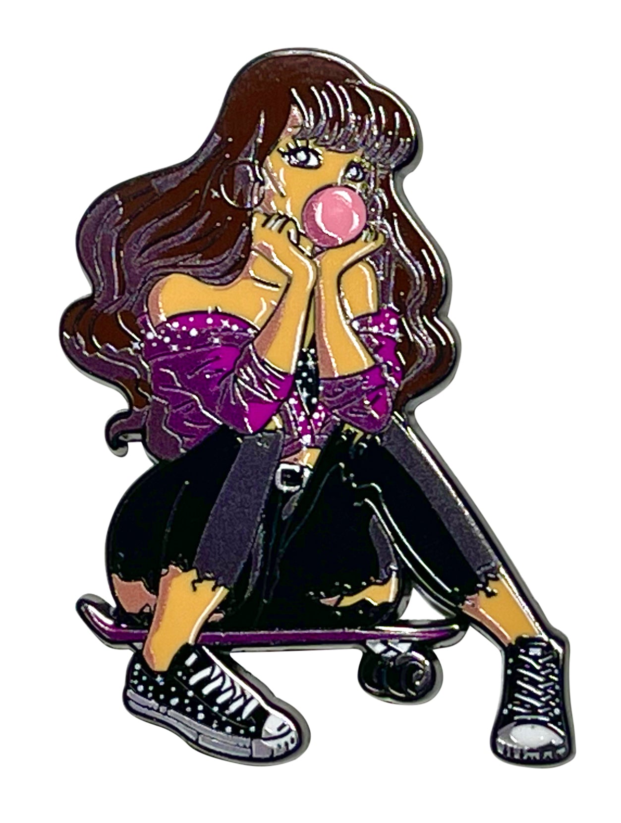 Skater Selena Enamel Pin – 2 Inch Hard Enamel • Bubblegum Skateboard Selena • Tejano Pop Icon Mashup • Collector’s Edition Pin