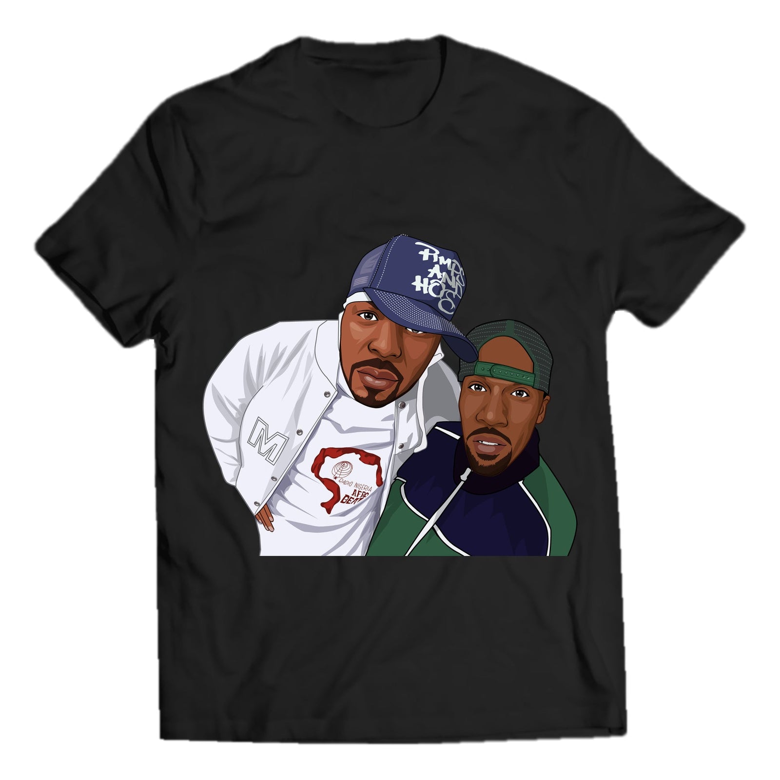 Classic hip hop duo portrait on black crewneck graphic T-shirt; smooth outline without rough cutout