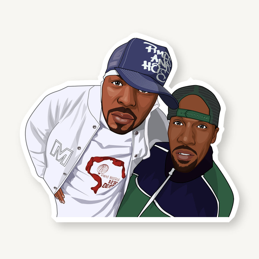 Classic East Coast Hip Hop Duo illustration as a 4-inch matte vinyl die cut sticker with white border