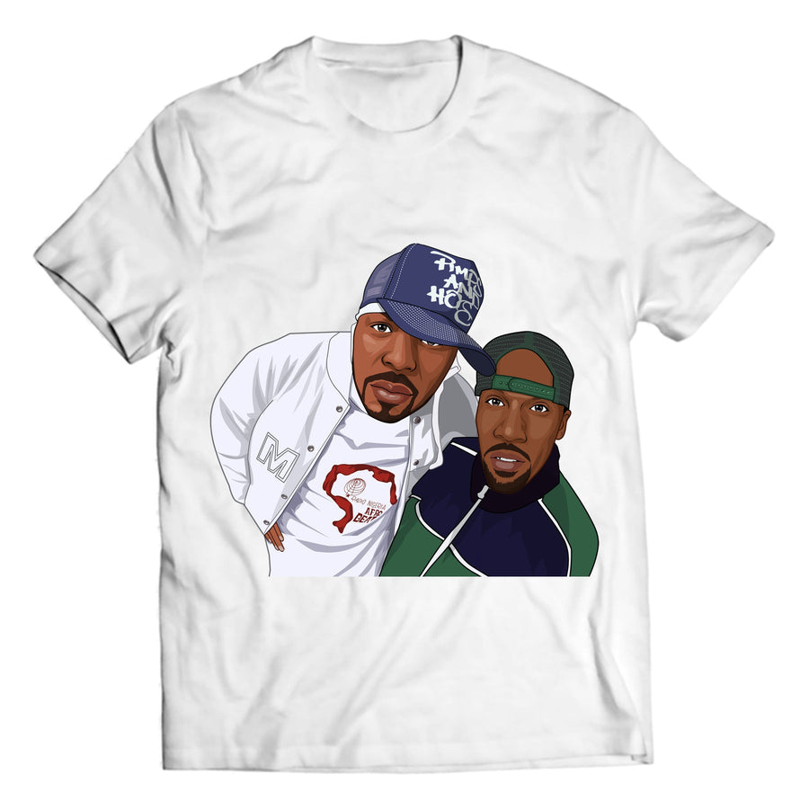Classic old-school hip hop duo in caps and varsity streetwear on a white crewneck graphic T-shirt, studio flat-lay mockup