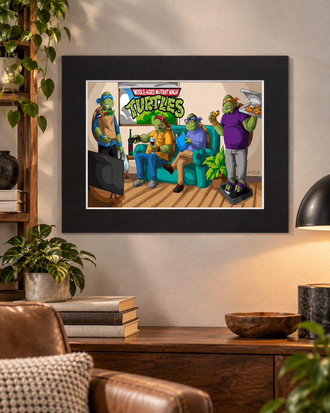 Funny retro cartoon turtle crew wall art with black matte border above a wooden console in a cozy collector room