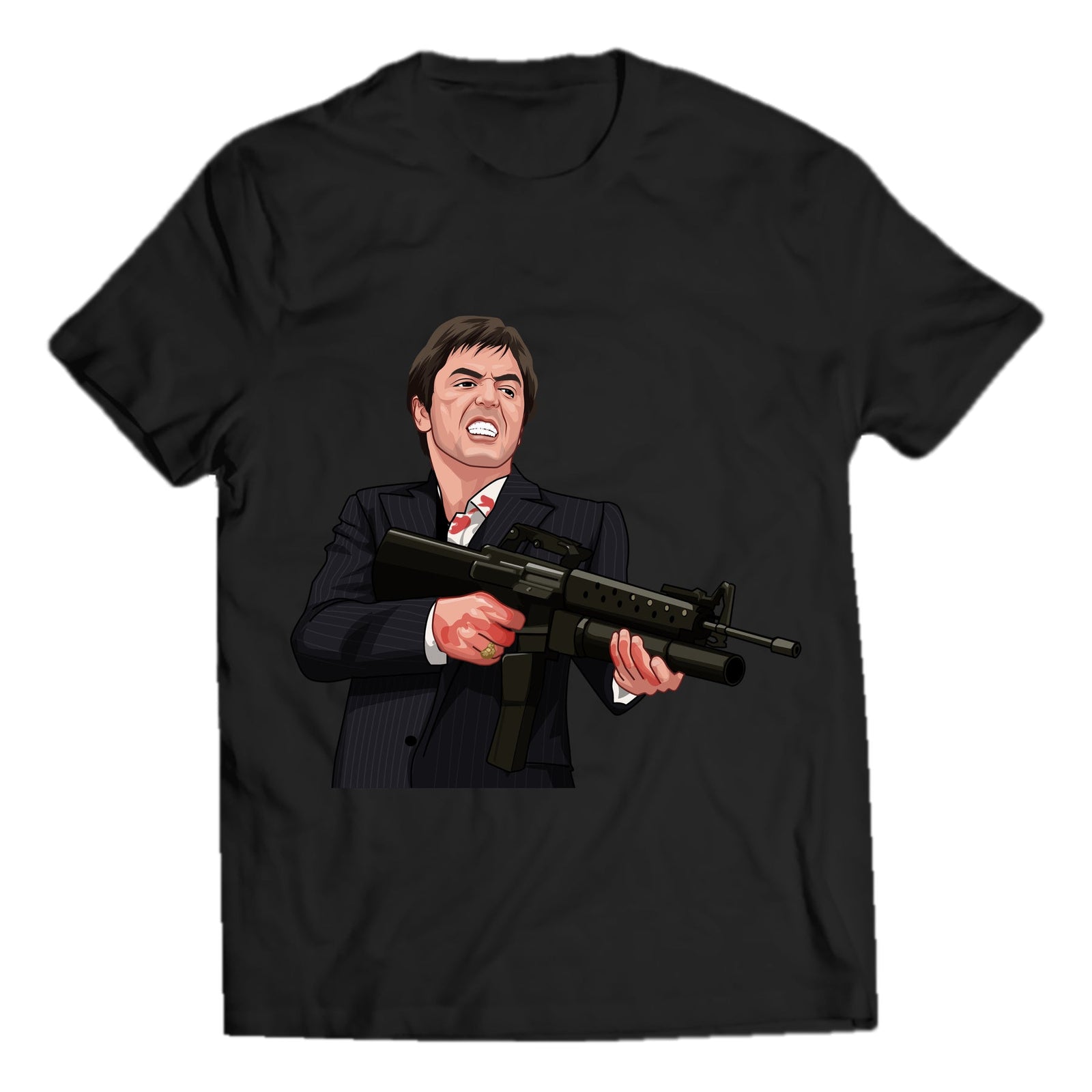 Retro pinstripe suit portrait on black crewneck graphic T-shirt; clean garment outline