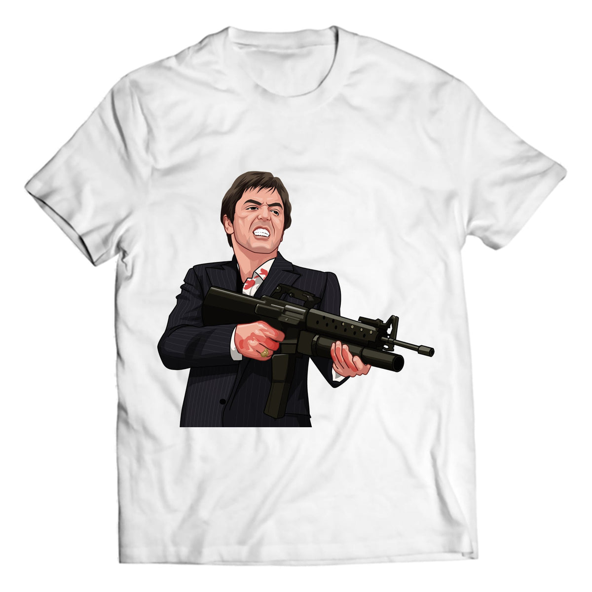 Vintage pinstripe-suit crime cinema illustration on a white crewneck graphic T-shirt, studio flat-lay mockup