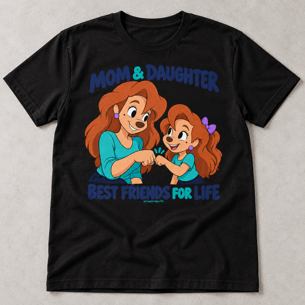 Black graphic T-shirt with mom daughter best friends for life illustration and fist bump