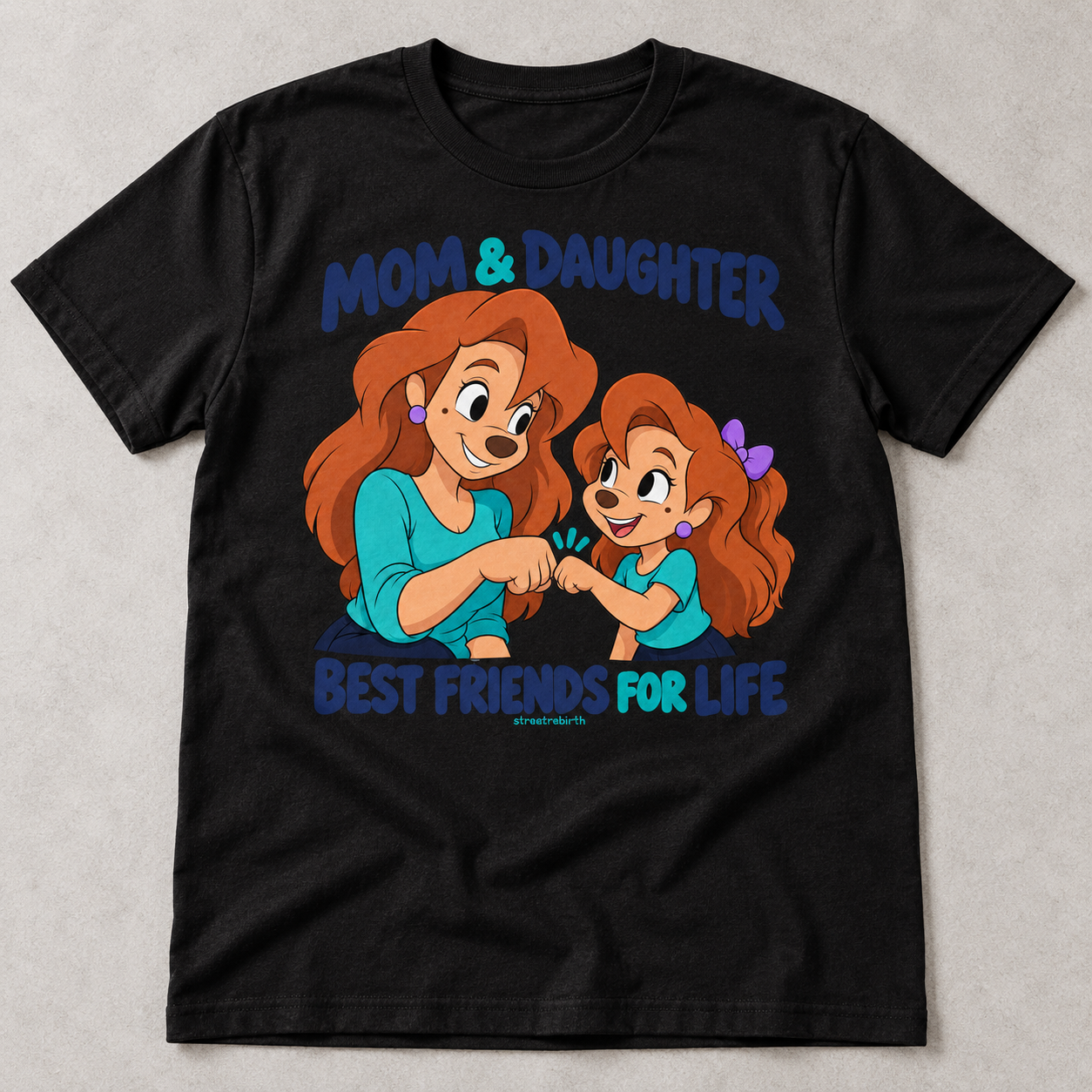 Black graphic T-shirt with mom daughter best friends for life illustration and fist bump