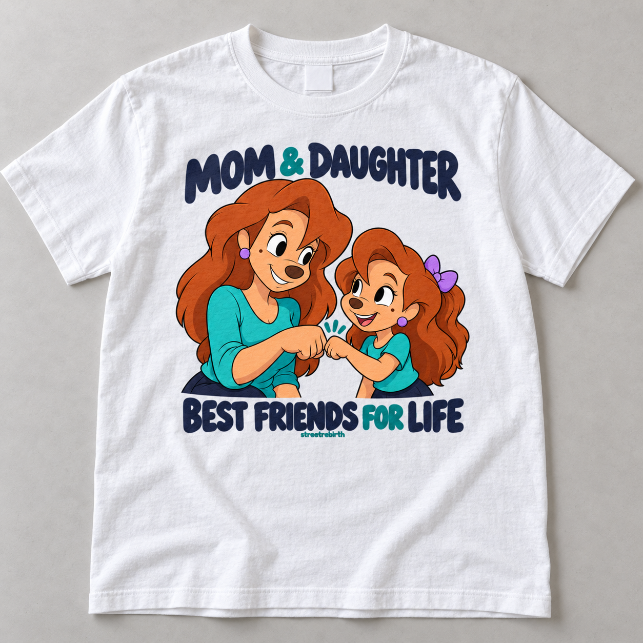 White graphic T-shirt with mom daughter best friends for life illustration and fist bump