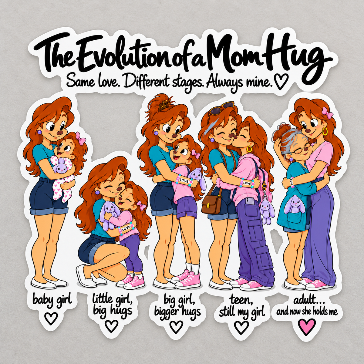 4 inch matte vinyl mother daughter hug sticker showing stages from baby girl to adult